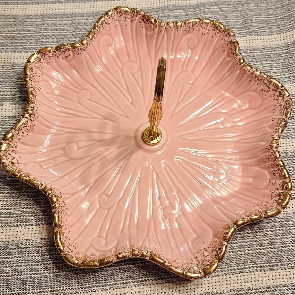 Vintage California Pottery T 14 Pink/Gold Serving Tray With Handle, Made In US